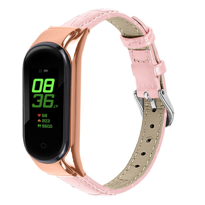 For Xiaomi Mi Band 7 Bamboo Grain Top Layer Cowhide Leather Buckle Design Watch Band with Rose Gold Watch Cover For Xiaomi Mi Band 7 Bamboo Grain Top Layer Cowhide Leather Buckle Design Watch Band with Rose Gold Watch Cover